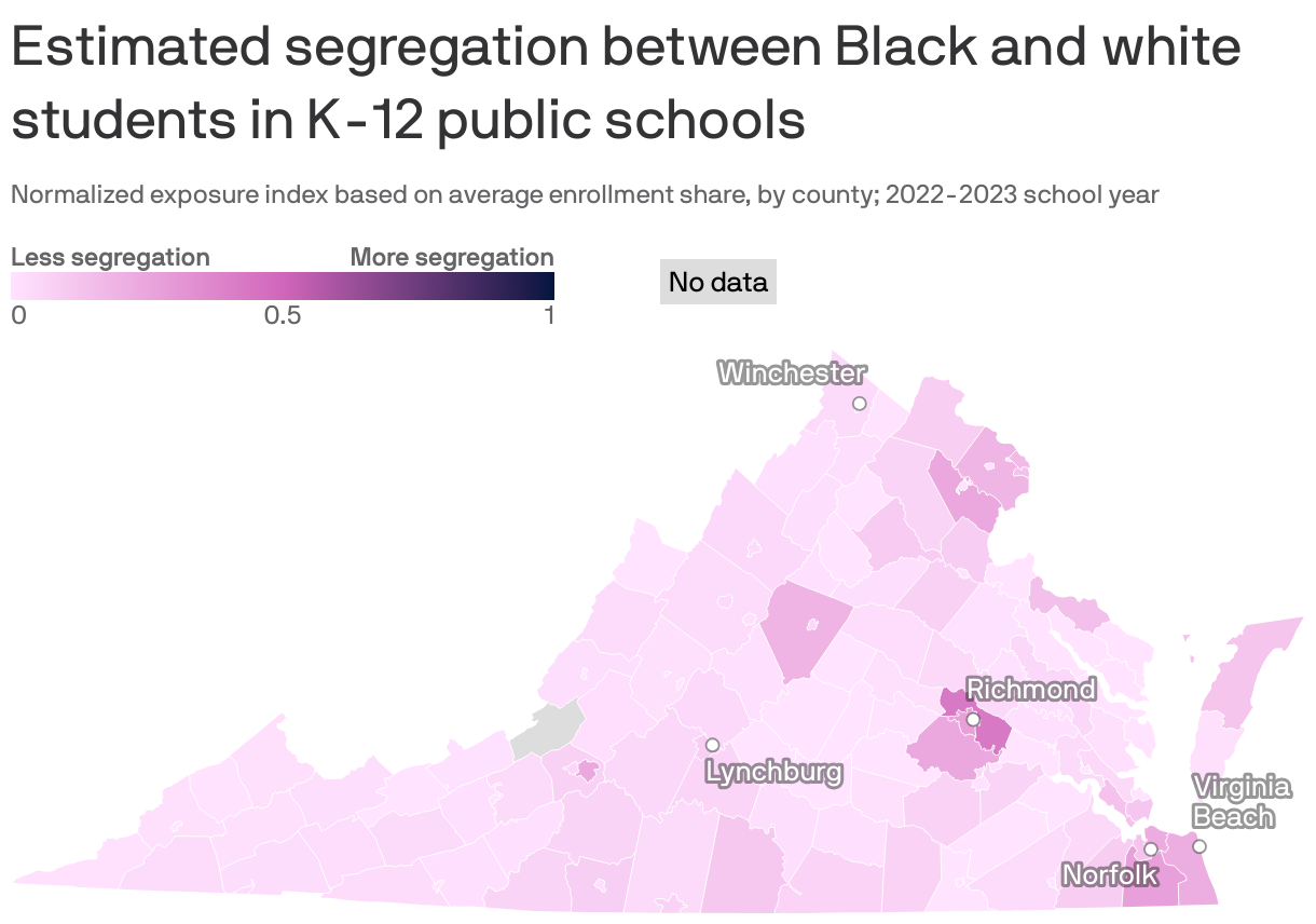 Choropleth map of U.S. counties showing the estimated level of segregation between Black and white students in K-12 public schools. Schools in counties in the southern U.S., southern California and Northeast tend to be more segregated than counties in the Pacific Northwest and Midwest.