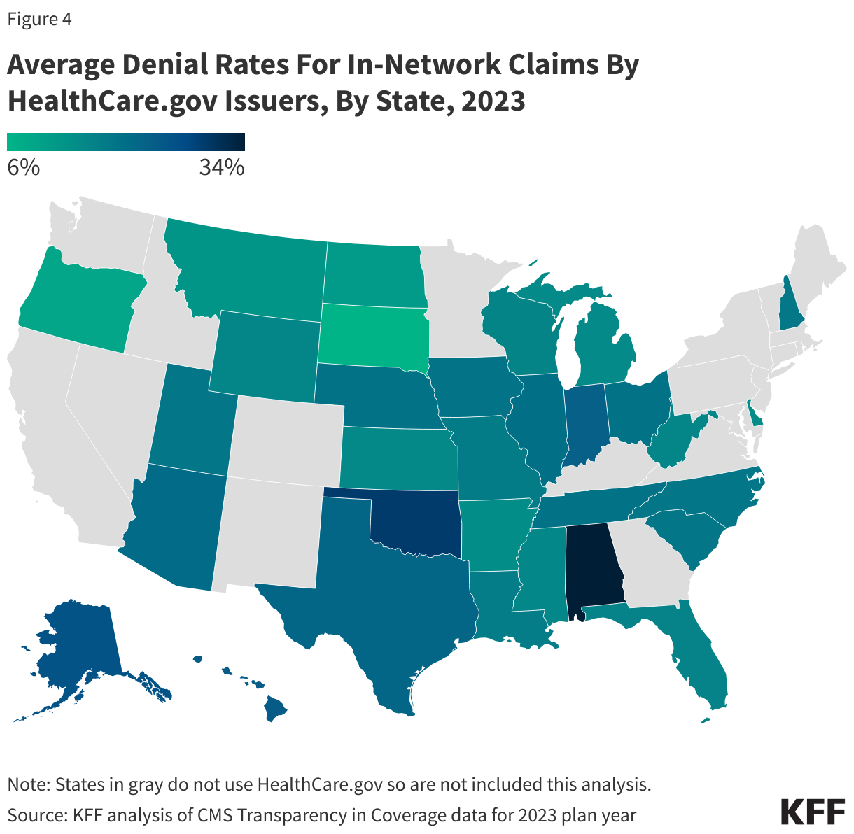 Average Denial Rates For In-Network Claims By HealthCare.gov Issuers, By State, 2023 data chart