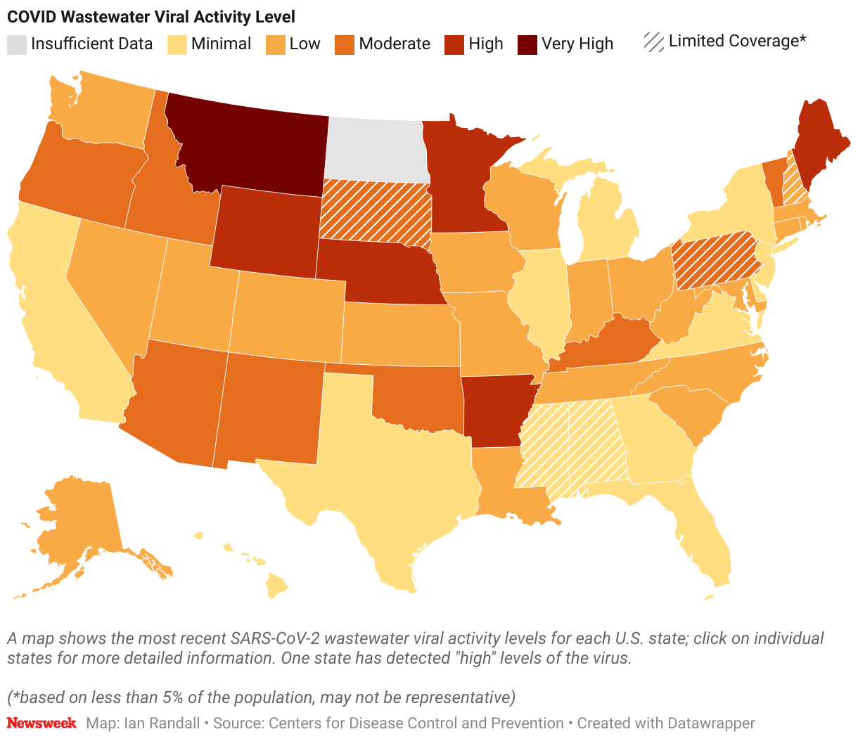 A map shows the most recent SARS-CoV-2 wastewater viral activity levels for each U.S. state.