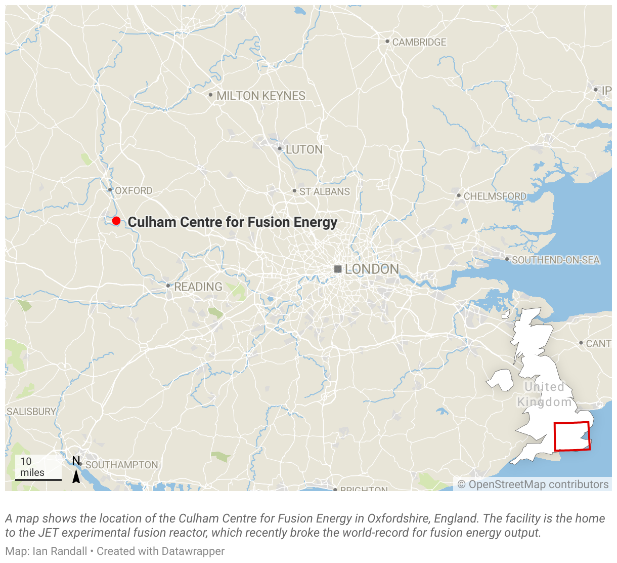 A map shows the location of the Culham Centre for Fusion Energy in Oxfordshire, England.