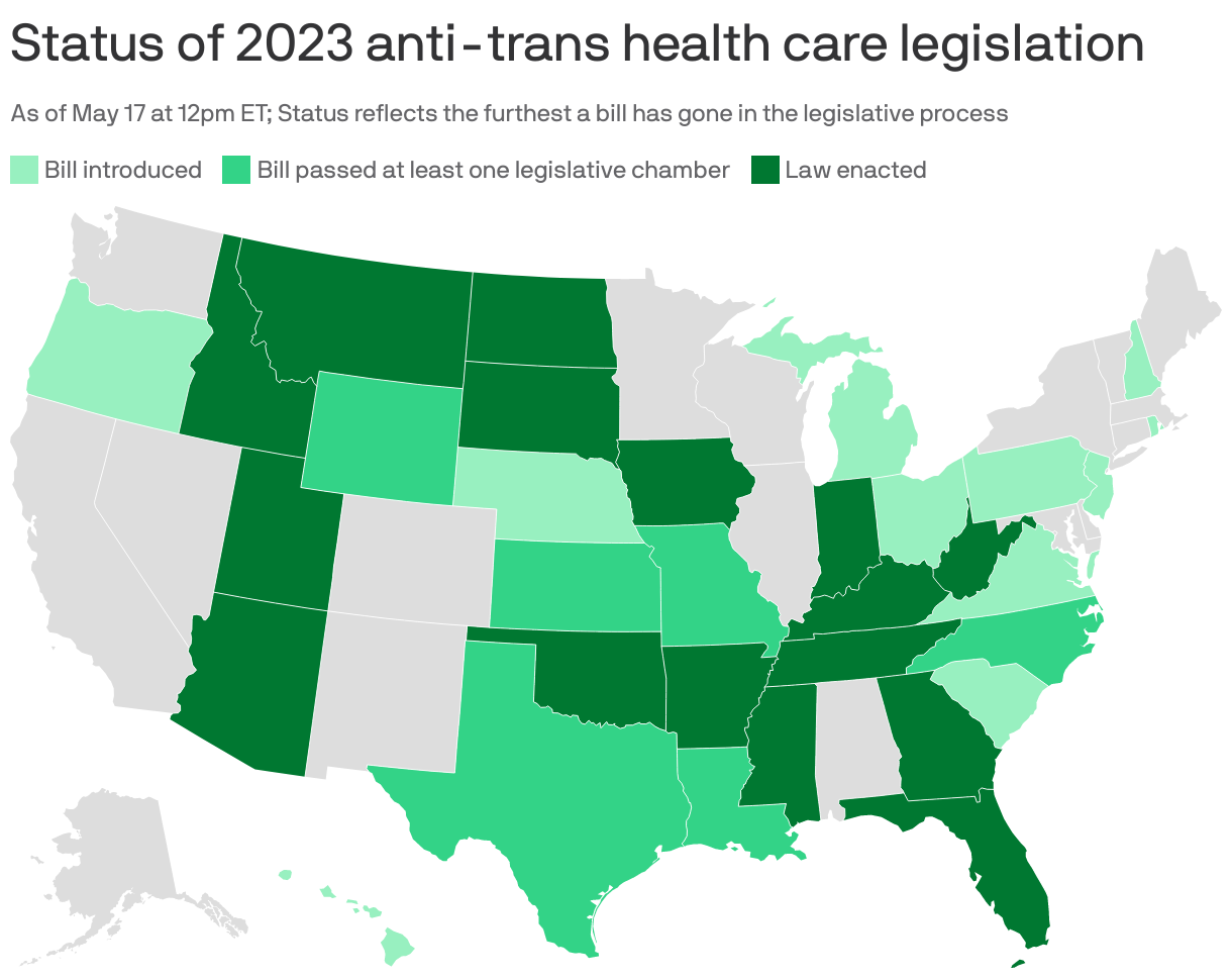 Status of 2023 anti-trans health care legislation