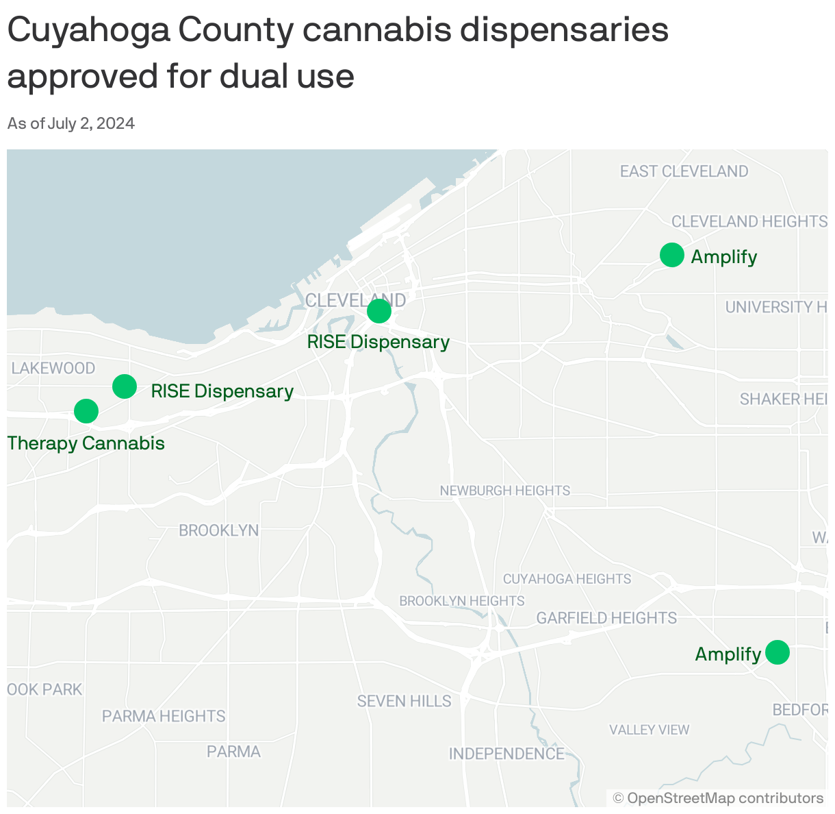 A map shows the location of five Cuyahoga County cannabis dispensaries approved for dual use as of 9am July 2, 2024.