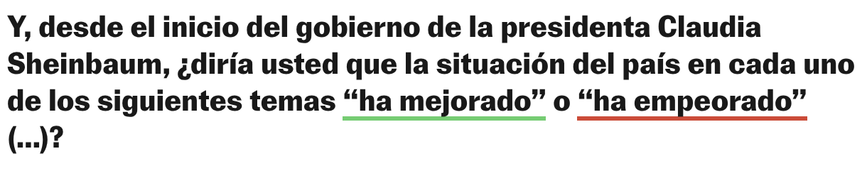 Y, desde el inicio del gobierno de la presidenta Claudia Sheinbaum, ¿diría usted que la situación del país en cada uno de los siguientes temas “ha mejorado” o “ha empeorado” (…)? (Líneas)
