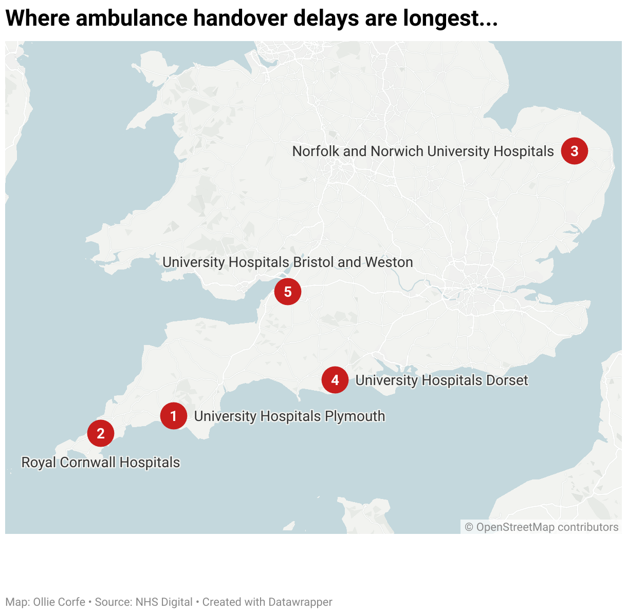 Map of England's worst-performing handover hospitals.