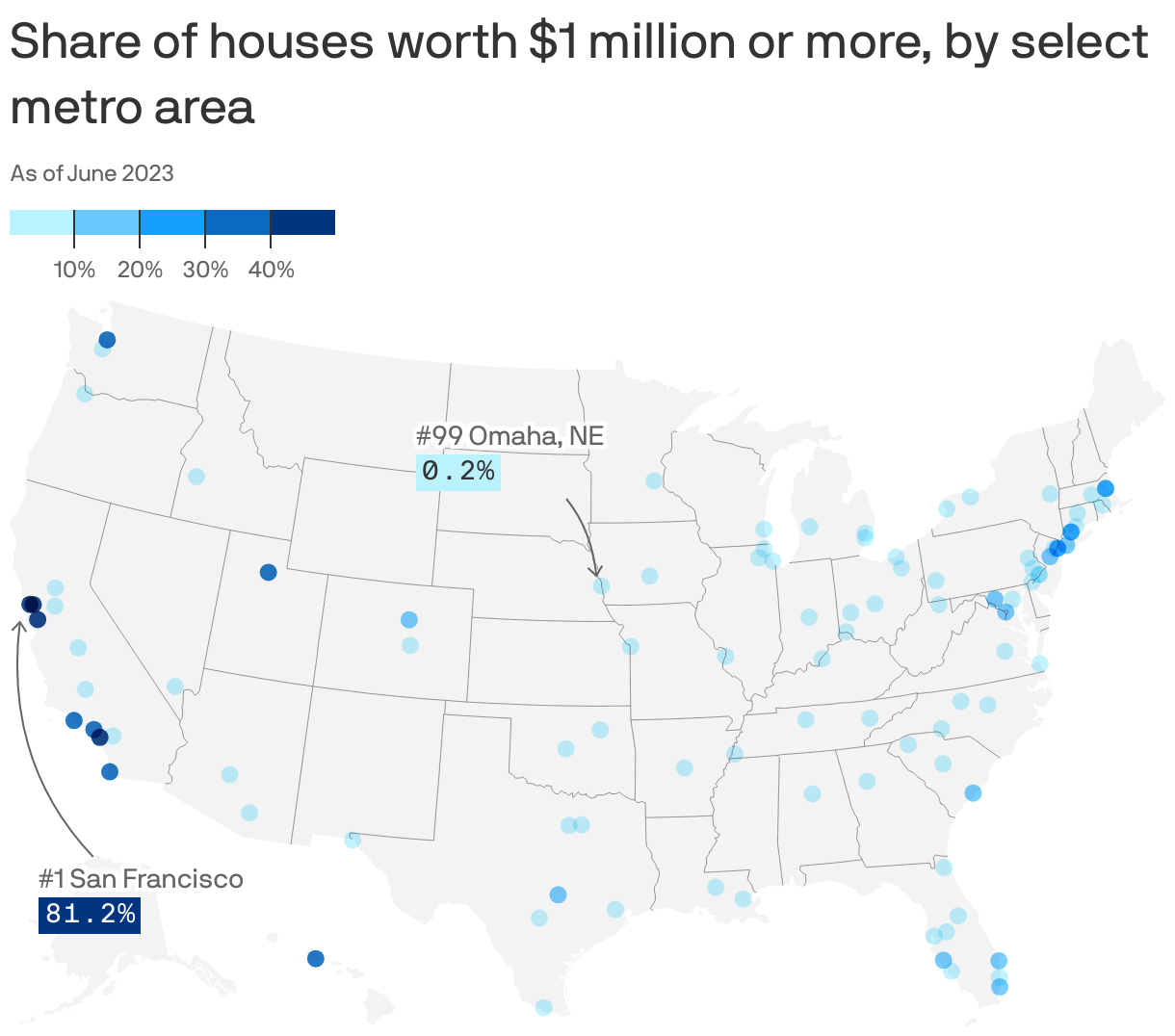 Share of houses worth $1 million or more, by select metro area