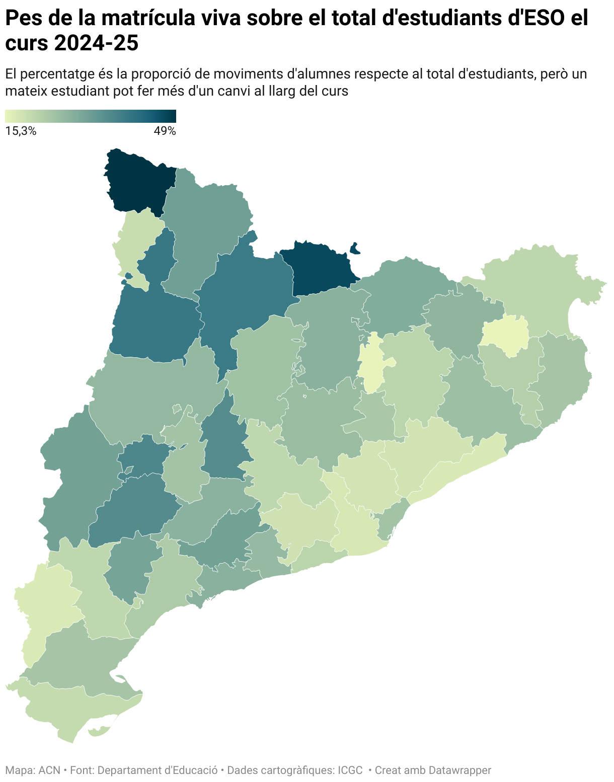 Pes de la matrícula viva sobre el total d'estudiants d'ESO el curs 2024-25 (Choropleth map)
