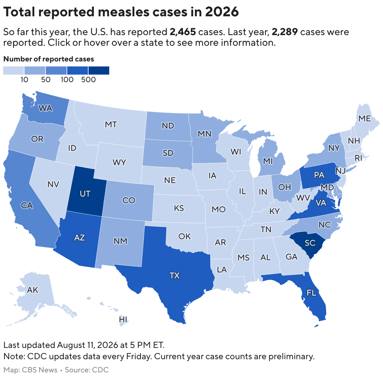 Total reported measles cases in 2026 (Choropleth map)