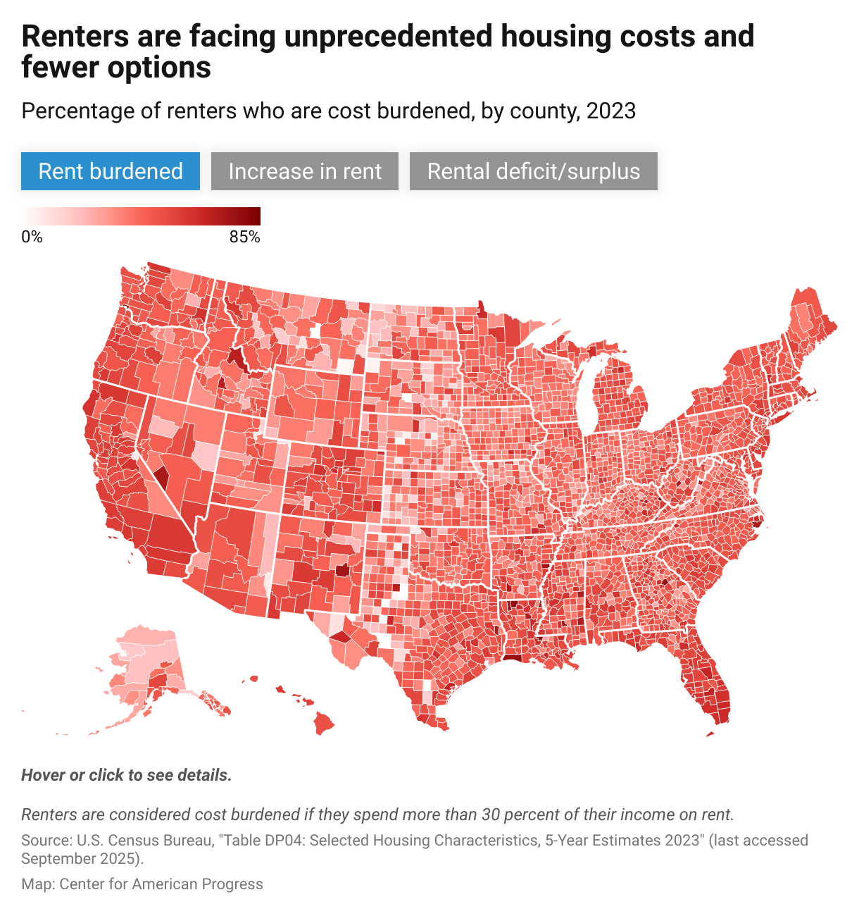 A map of the United States by county that shows the percentage of renters who were cost burdened in 2023.
