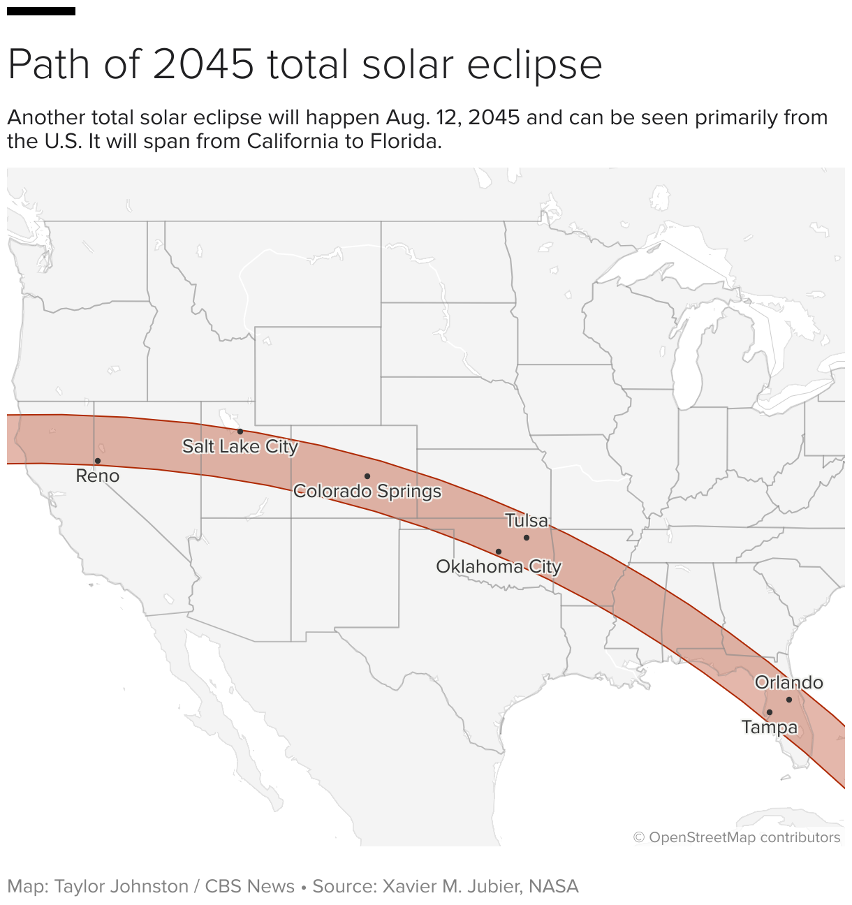 Map of the United States showing the path of the 2045 solar eclipse.