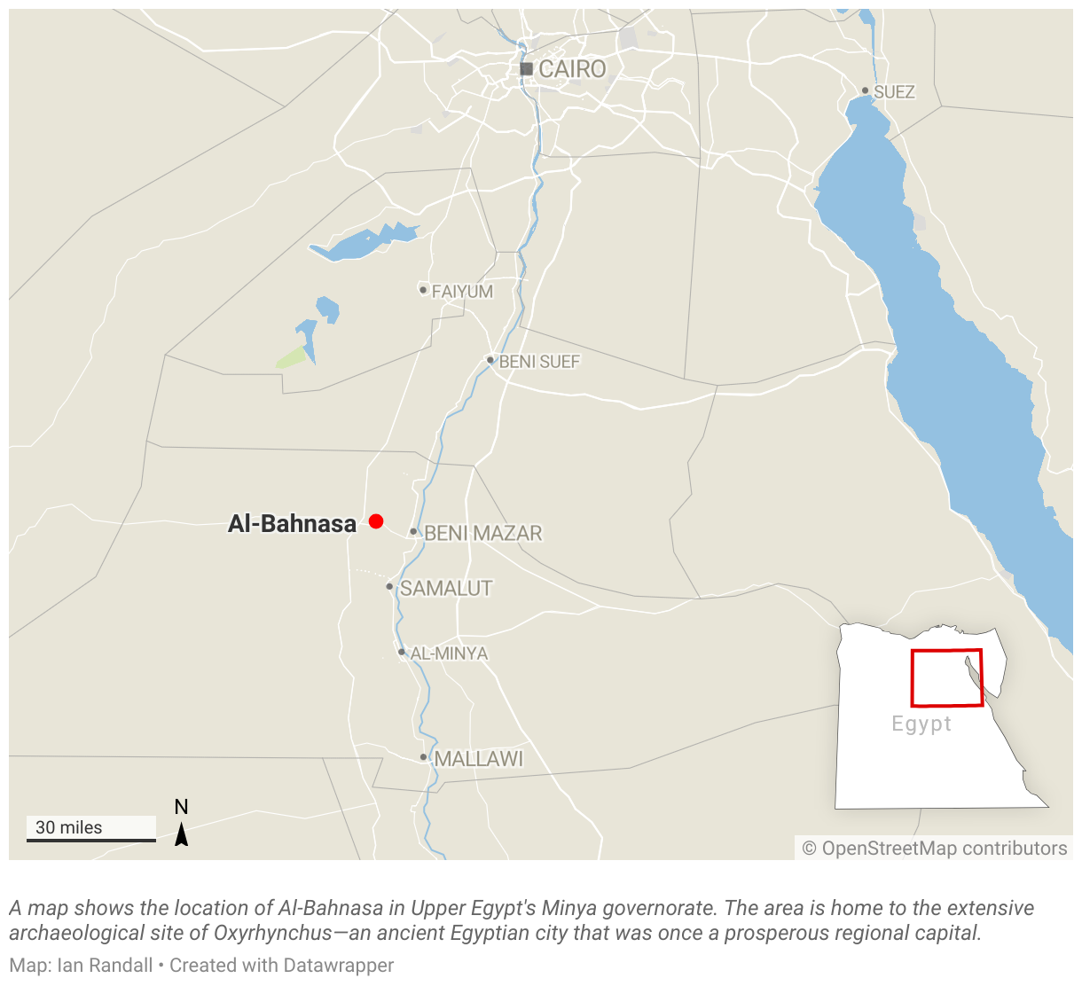 A map shows the location of Al-Bahnasa in Upper Egypt's Minya governorate.