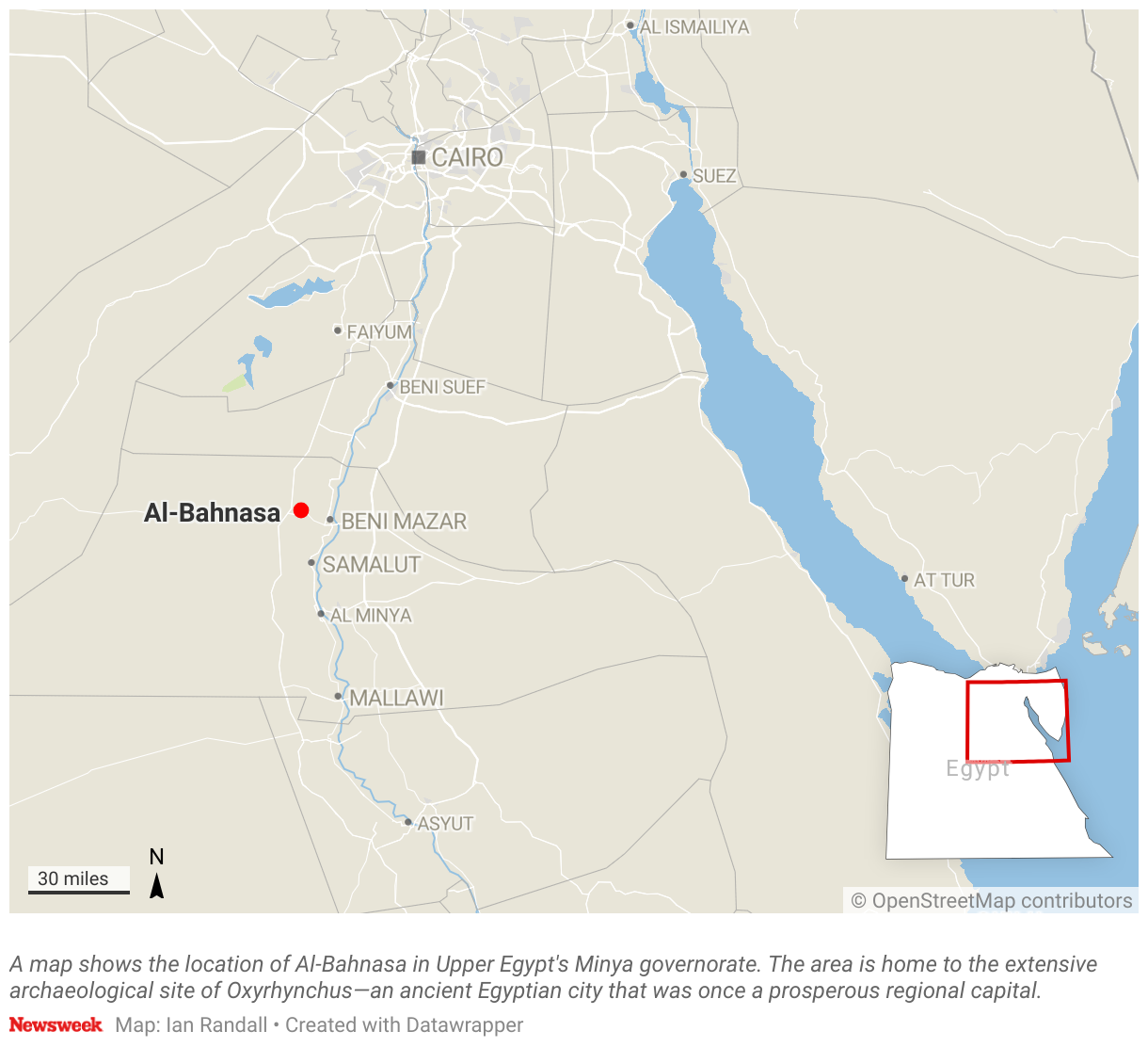 A map shows the location of Al-Bahnasa in Upper Egypt's Minya governorate.