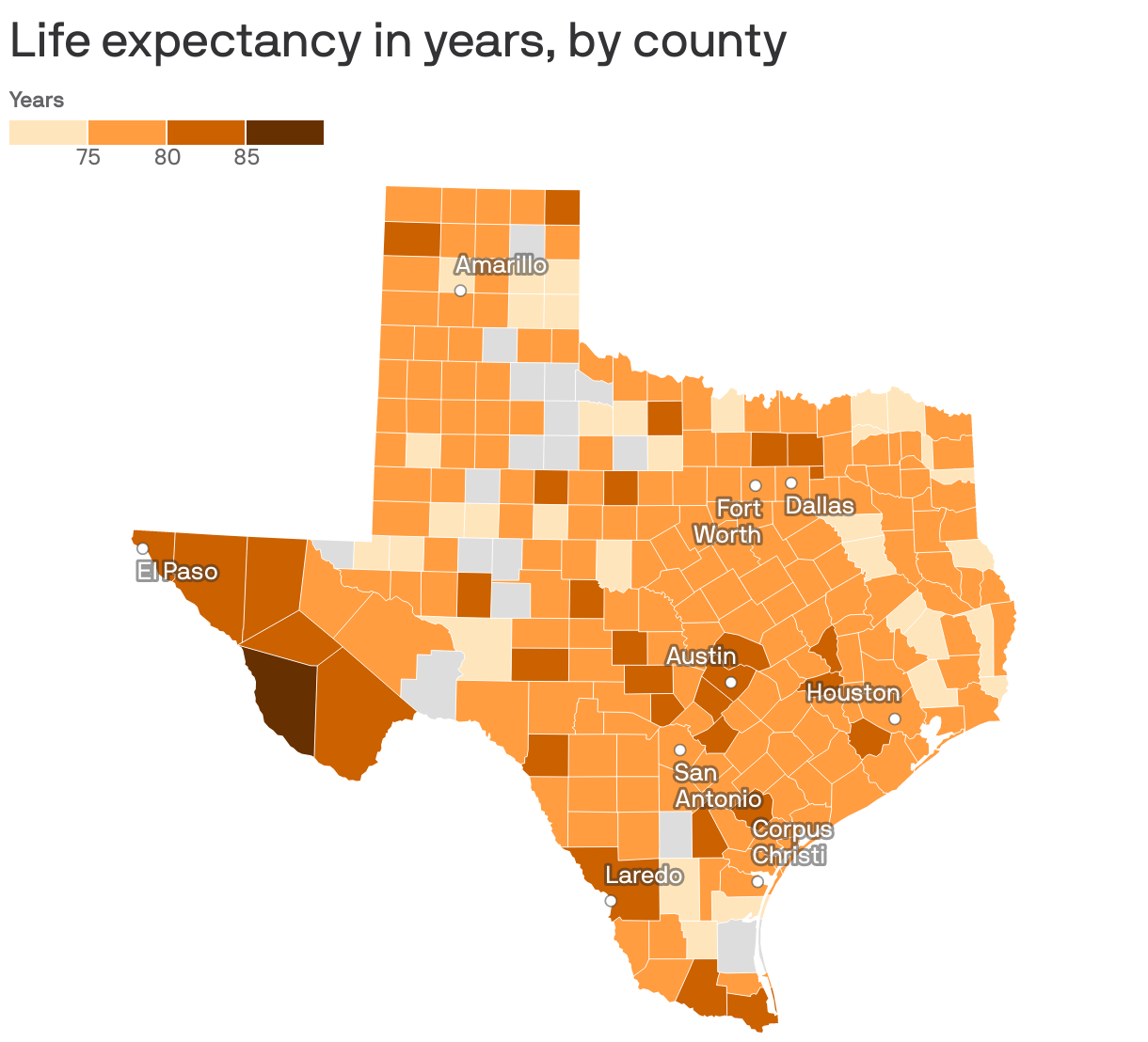 Life expectancy in years, by county
