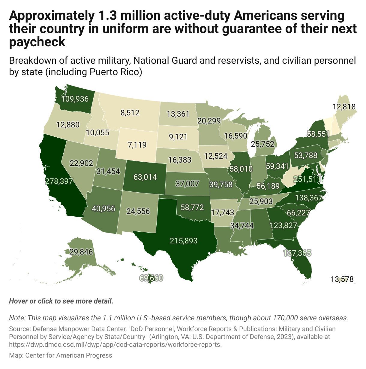 Map of active-duty military members, National Guard and reservists, and APF civilian personnel across the United States and Puerto Rico.