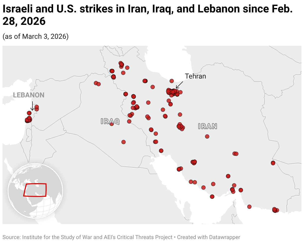 Israeli and U.S. strikes in Iran, Iraq, and Lebanon since Feb. 28, 2026 (Symbol map)