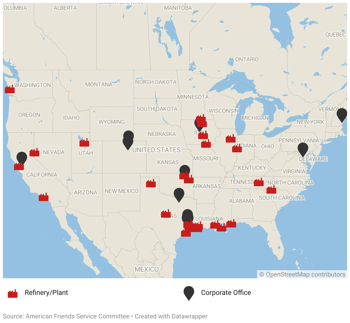 A map showing all U.S. locations of Chevron corporate offices, refineries, plants, and other locations, except for gas stations.