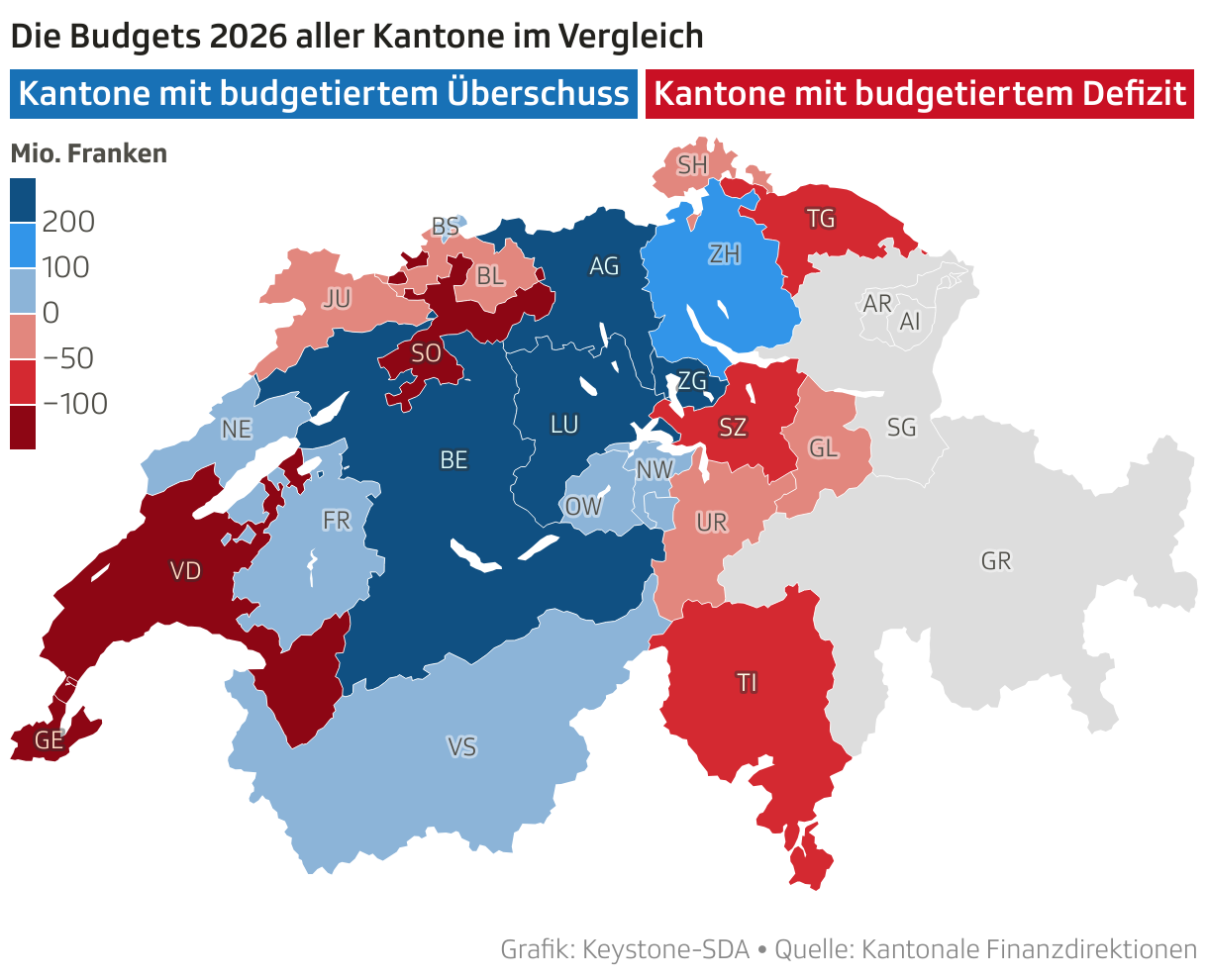 Die Budgets 2026 aller Kantone im Vergleich (Choroplethen-Karte)