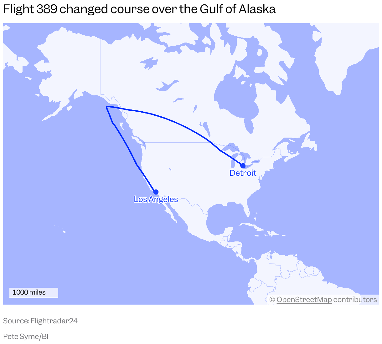 A map of North America shows the flight path of August 30's Delta Flight 389, from Detroit, which diverted just off the Alaskan Coast and landed in Los Angeles.