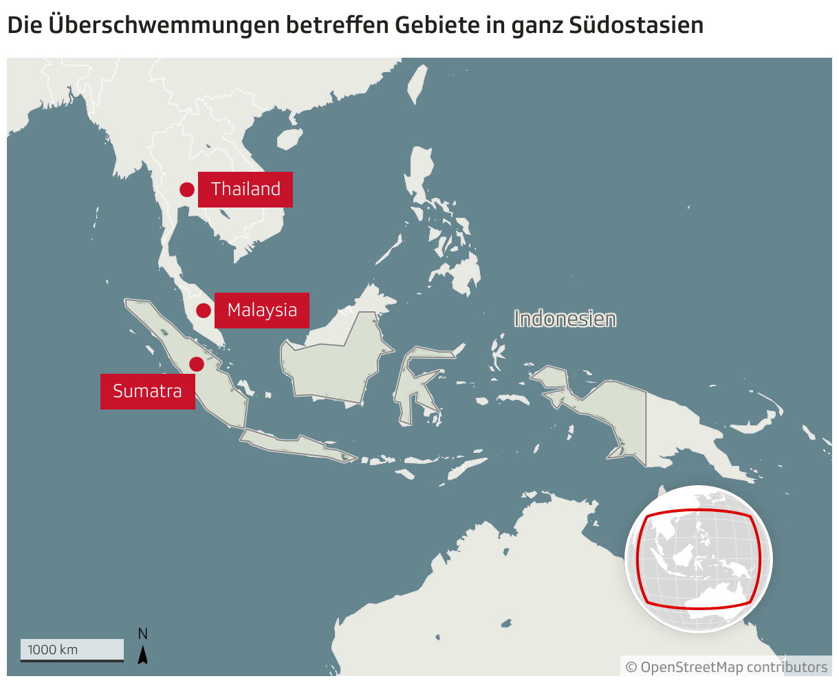 Die Überschwemmungen betreffen Gebiete in ganz Südostasien (Locator-Karte)