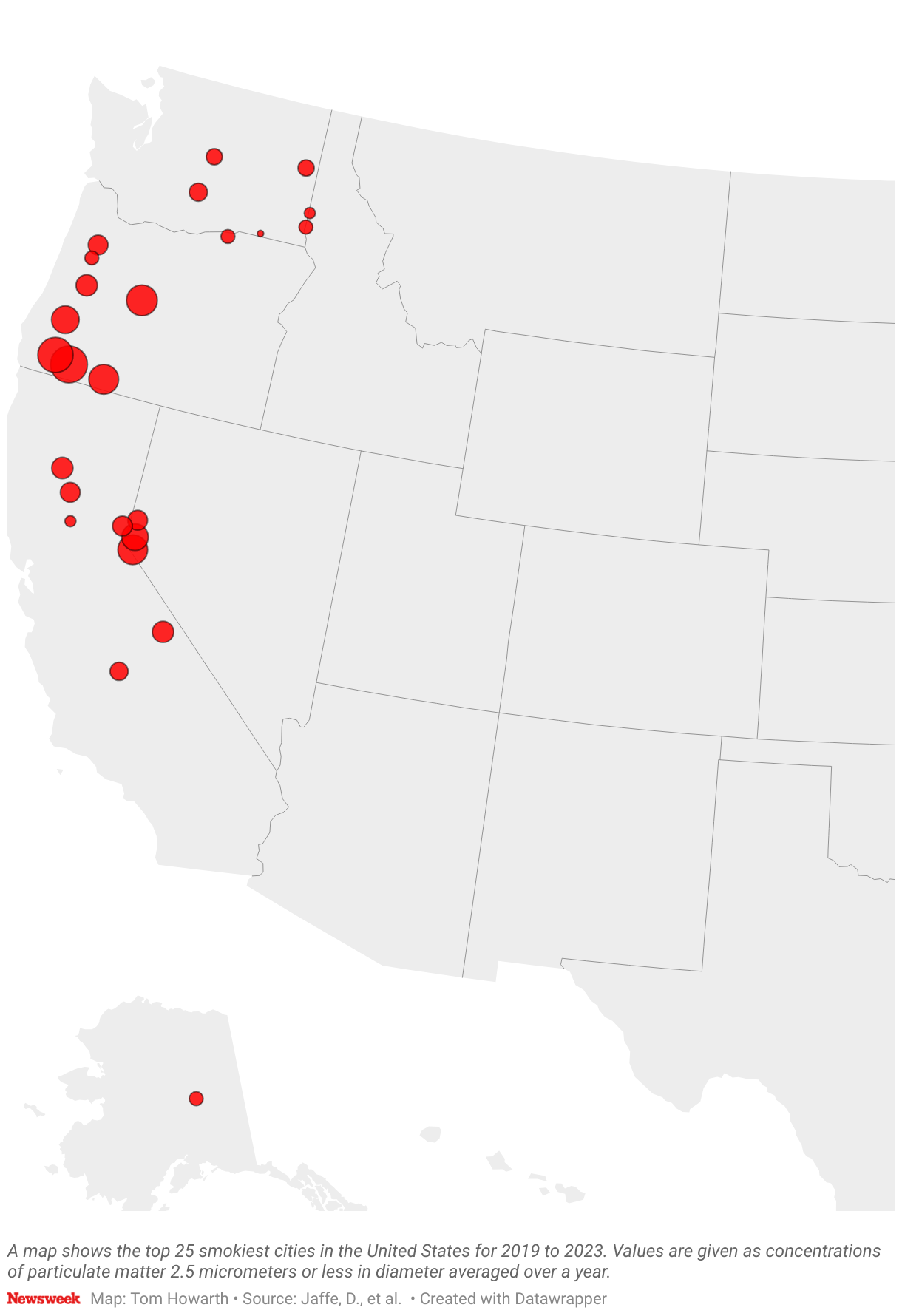 A map shows the top 25 smokiest cities in the United States for 2019 to 2023. 