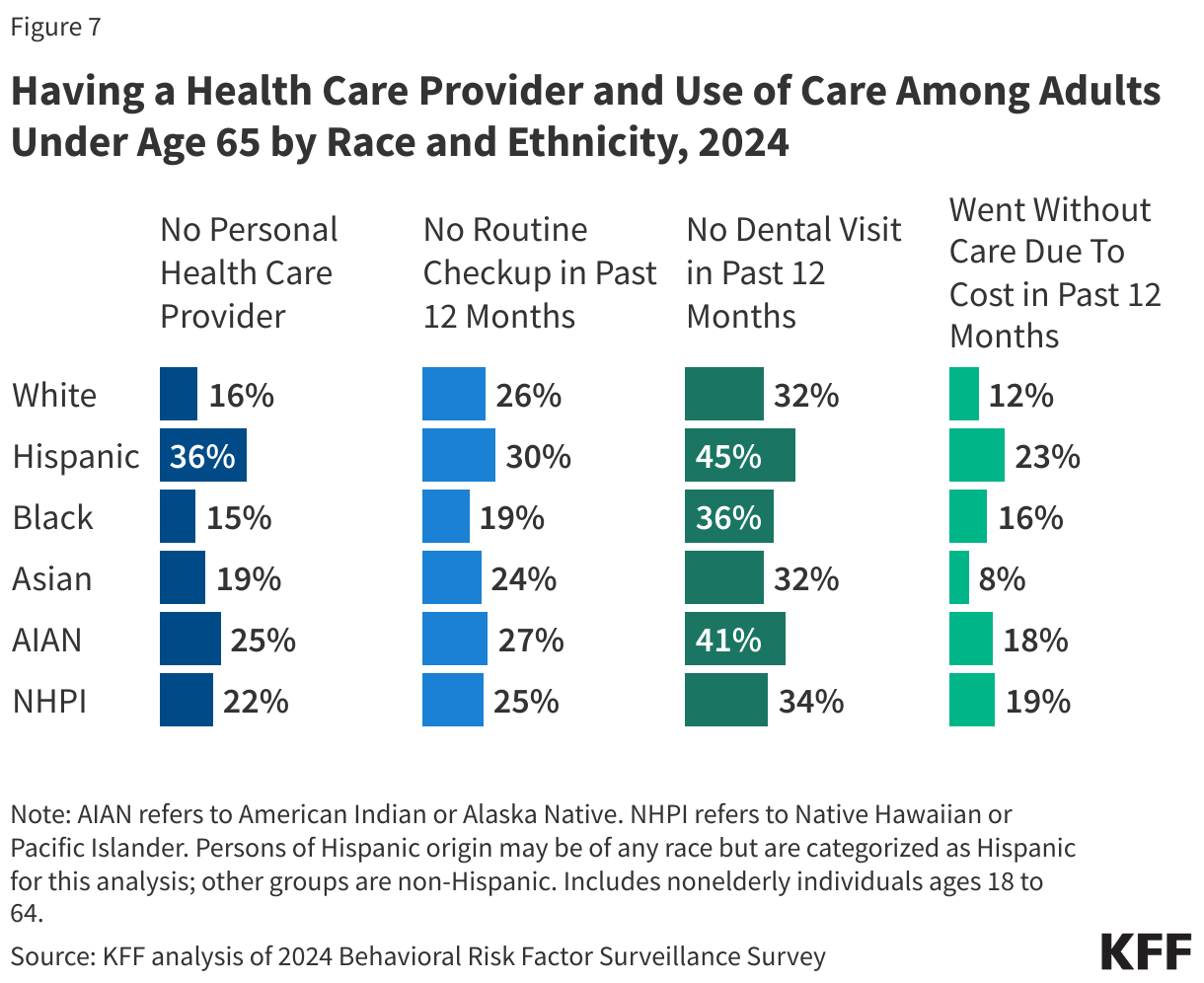 Having a Health Care Provider and Use of Care Among Adults Under Age 65 by Race and Ethnicity, 2024