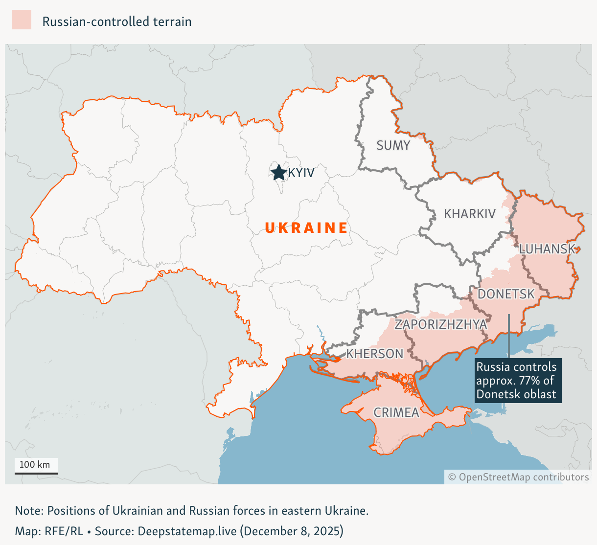Positions of Ukrainian and Russian forces in eastern Ukraine as of December 27, 2023