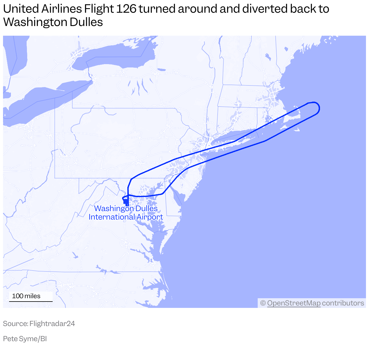 A map showing the flight path of United Airlines Flight 127 on October 15, which turned around off Cape Cod and diverted back to Washington Dulles International Airport