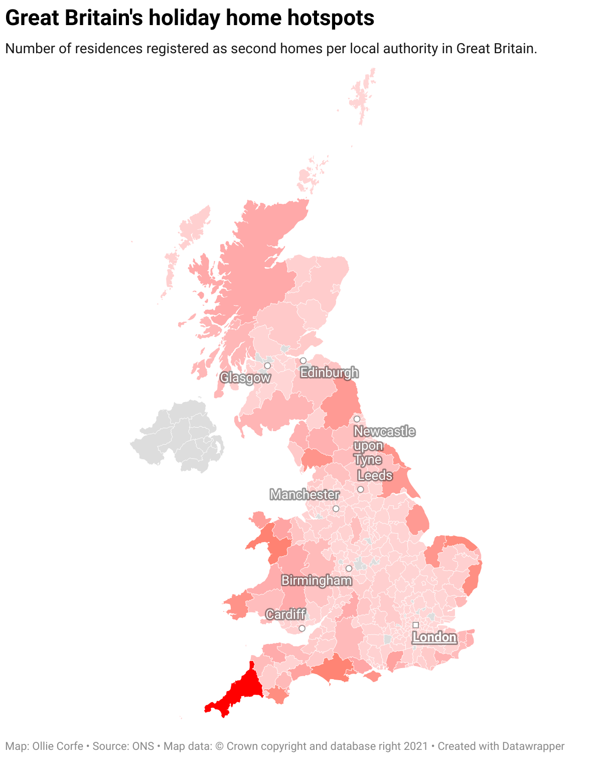 Map of Great Britain by holiday home numbers.