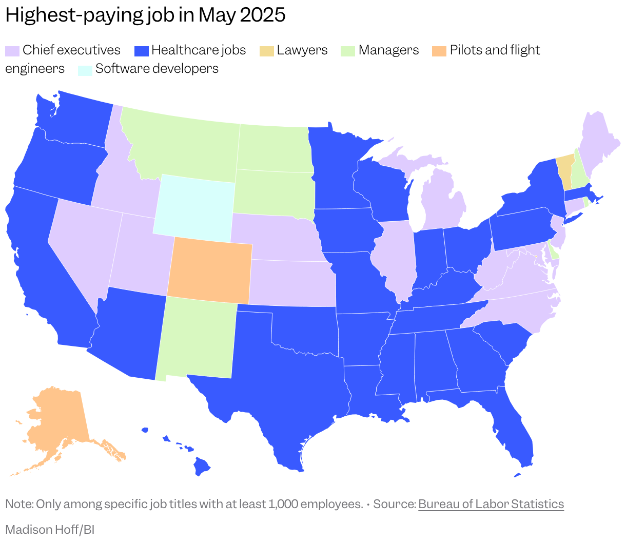 Map of the US showing the highest-paying job in May 2025 in every state and Washington, DC