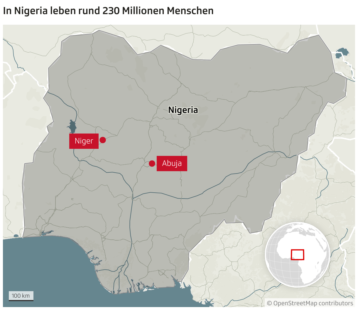 In Nigeria leben rund 230 Millionen Menschen (Locator-Karte)
