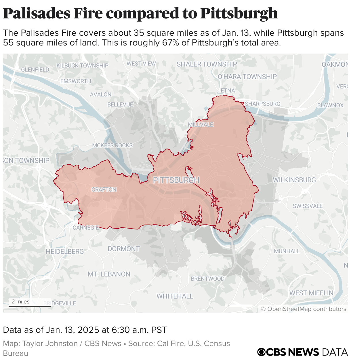 Perimeter of the Palisades Fire placed on the city of Pittsburgh.