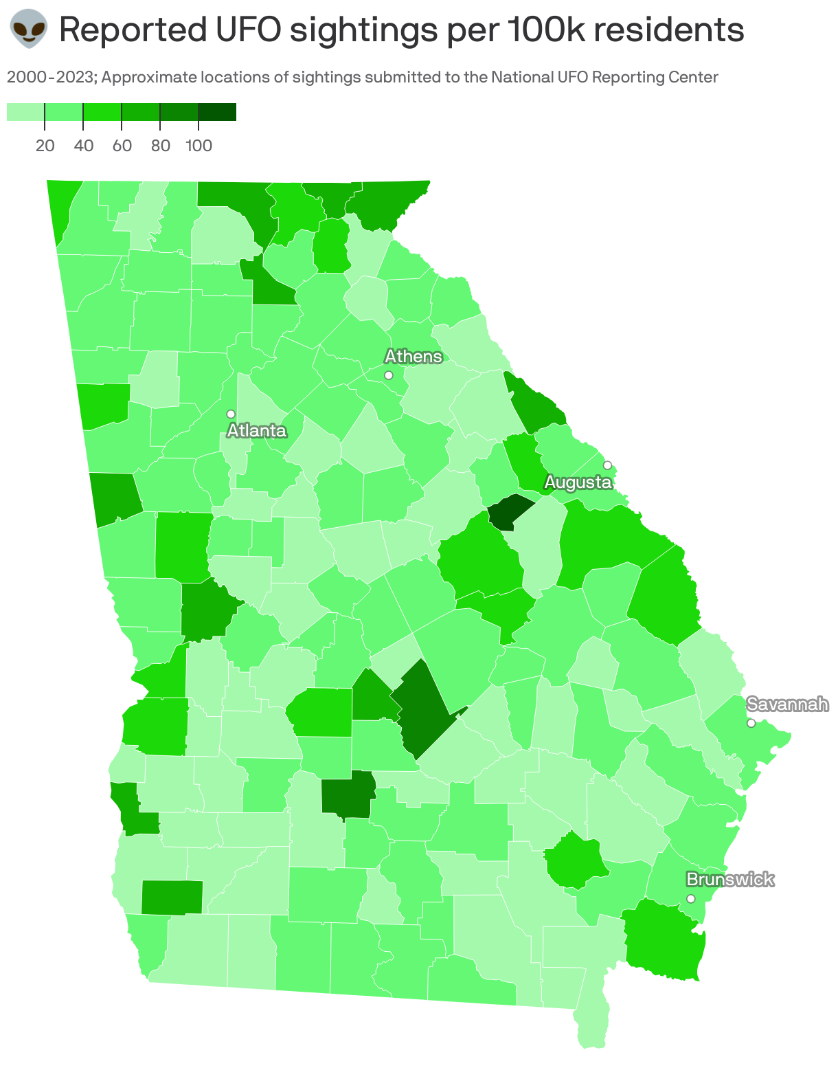 👽 Reported UFO sightings per 100k residents