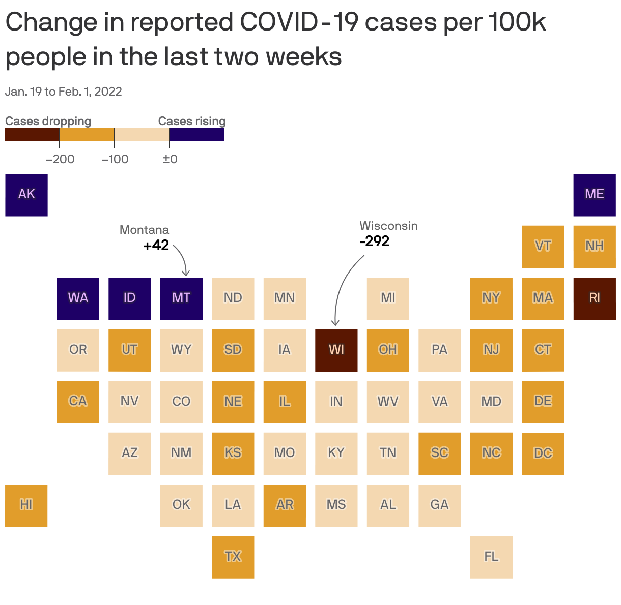 Change in reported COVID-19 cases per 100k people in the last two weeks