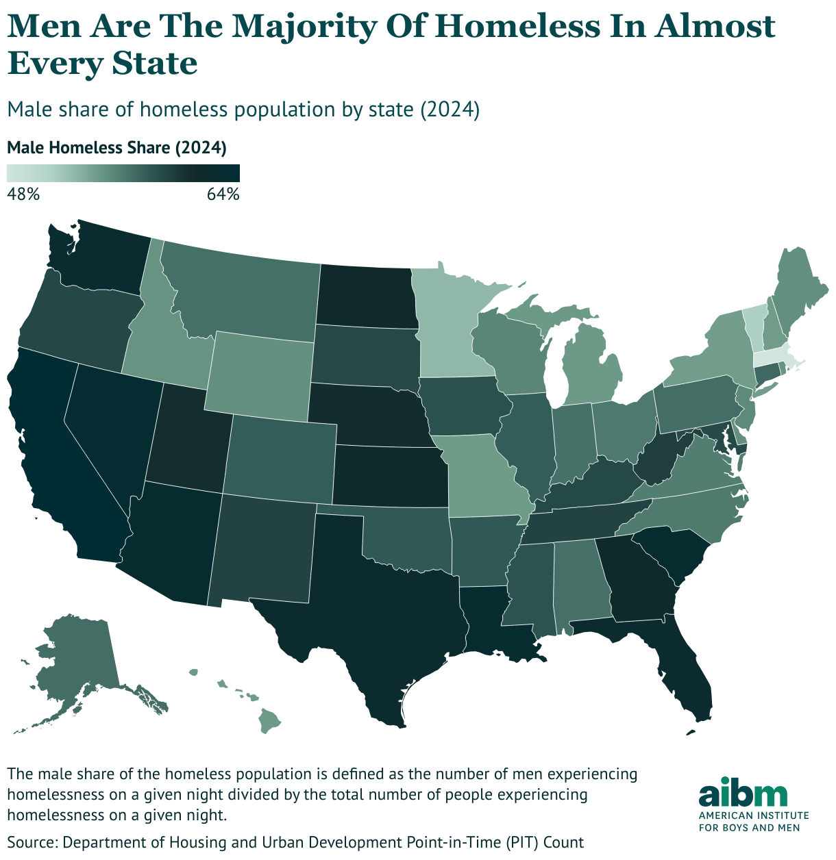 A map showing that men are the majority of homeless in almost every state