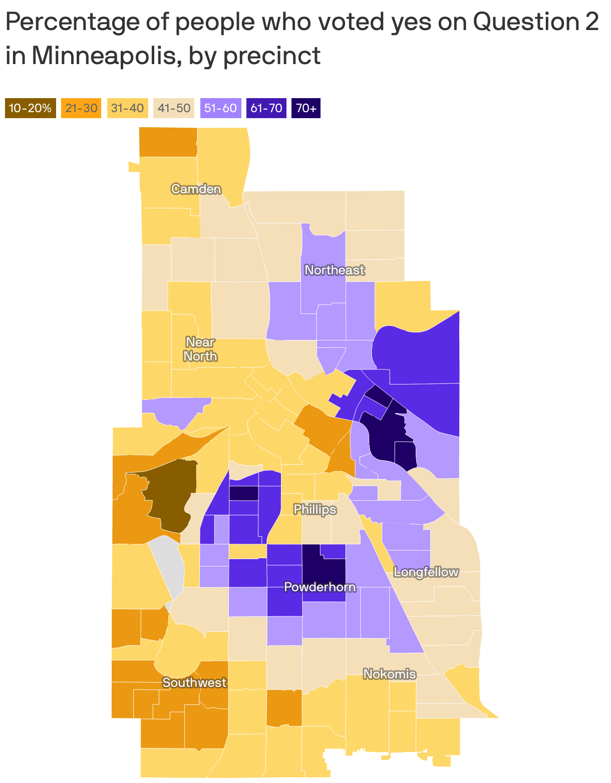 Percentage of people who voted yes on Question 2 in Minneapolis, by precinct