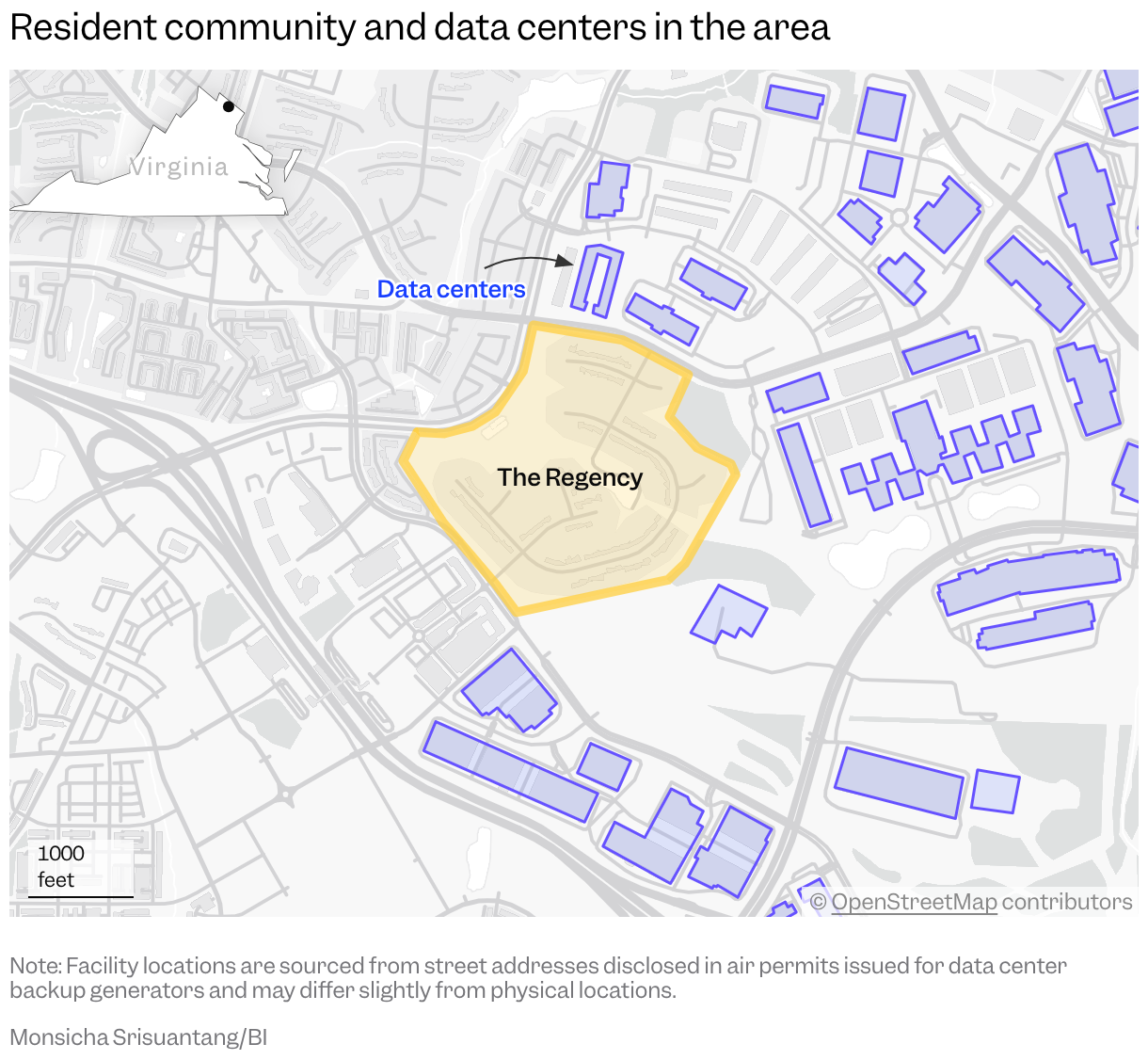 A map showing The Regency residential community highlighted in yellow and surrounded by more than 20 nearby data center buildings outlined in blue.