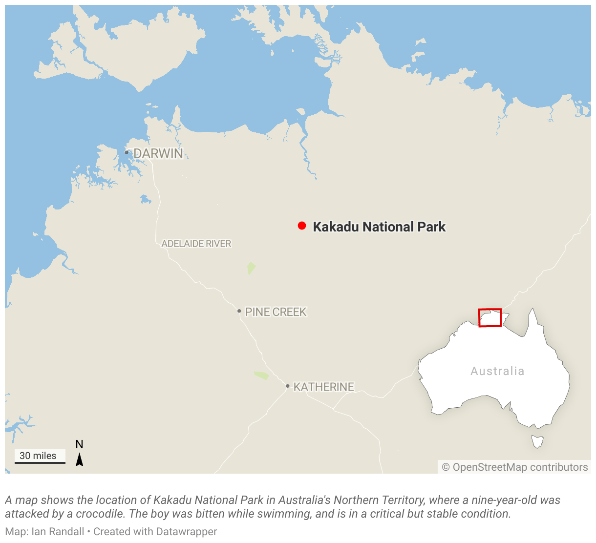 A map shows the location of Kakadu National Park in Australia's Northern Territory.