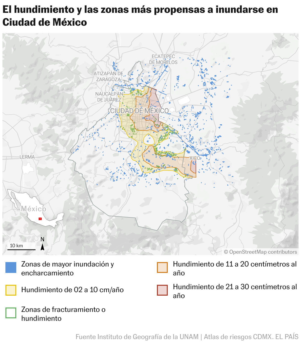 El hundimiento y las zonas más propensas a inundarse en Ciudad de México (Mapas de ubicación)