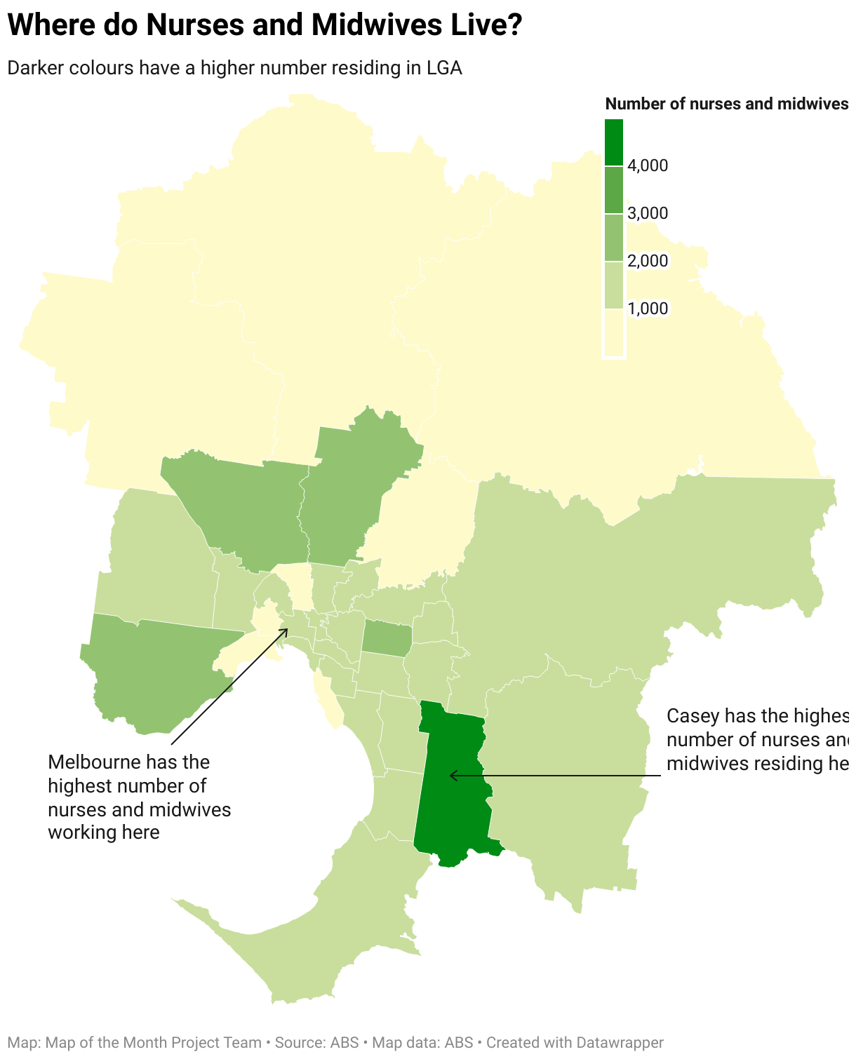 Map shows the number of nurses and midwives residing in each Metropolitan Melbourne LGA. For example, Casey, has the highest number, with 4,748 nurses and midwives residing in Casey. Whereas Melbourne has the highest number working, with 9,835 nurses and midwives working in Melbourne LGA.