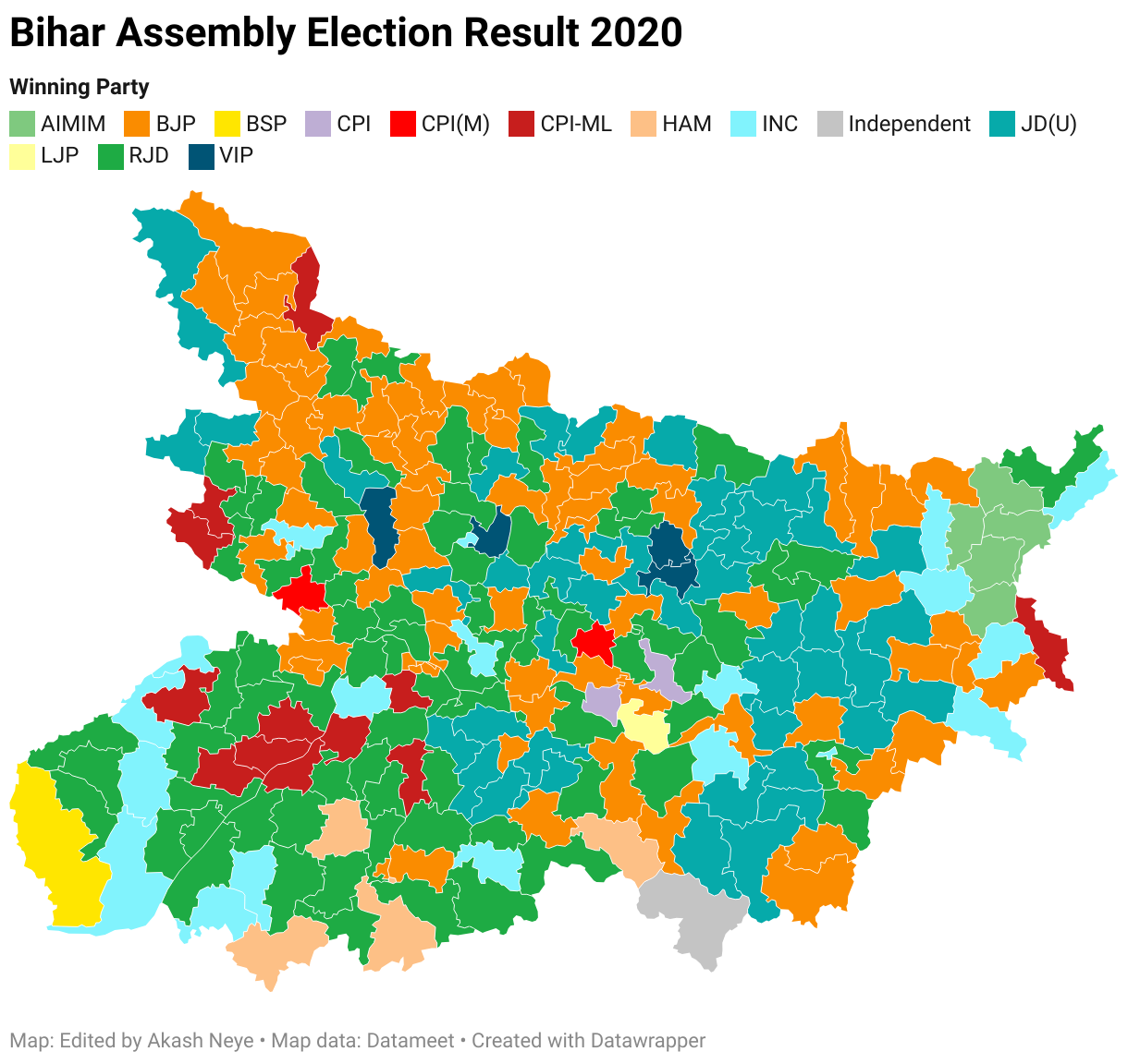 Bihar Assembly Election Result 2020 (Choropleth map)