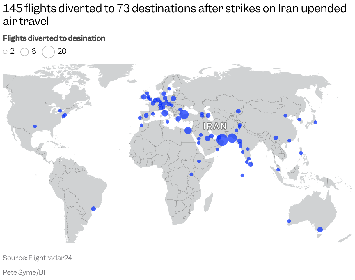 A map of the world showing where flights diverted to after us strikes on Iran on February 28, 2026