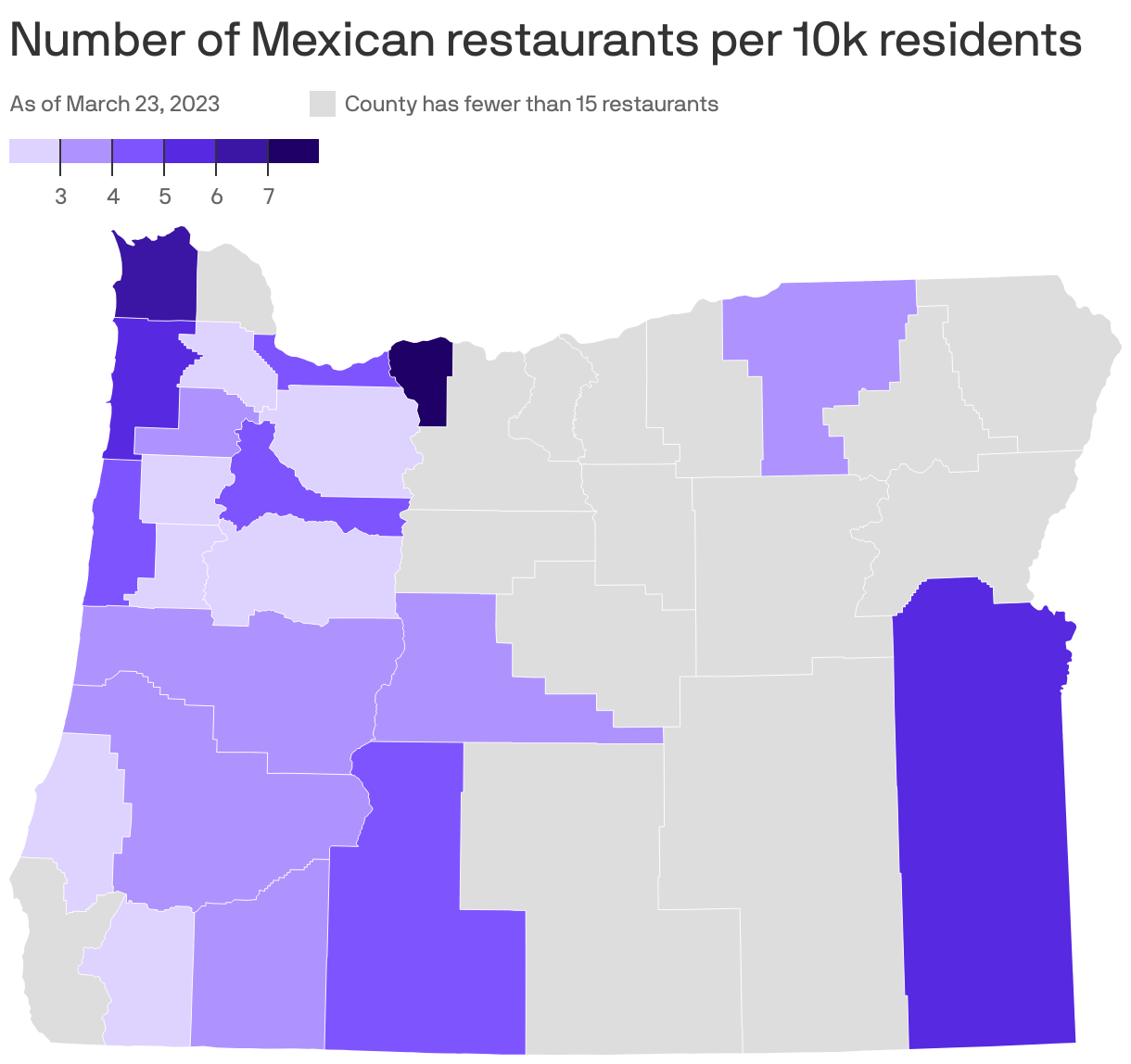 A map of Oregon showing the number of Mexican restaurants per 10,000 residents, by county, as of March 23, 2023. Counties with fewer than 15 restaurants total are not shown.