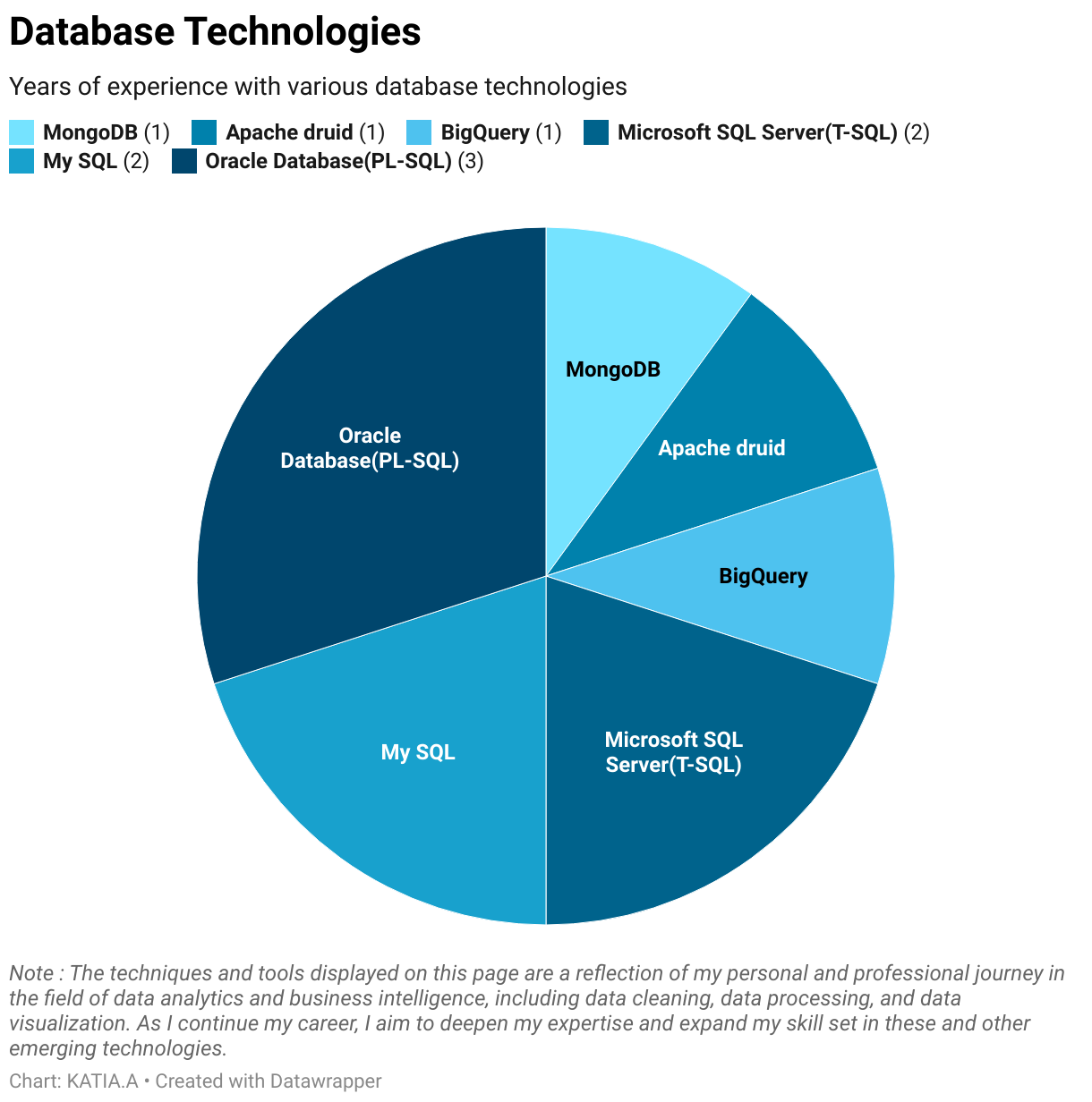 A pie chart showing my years of experience with different database technologies