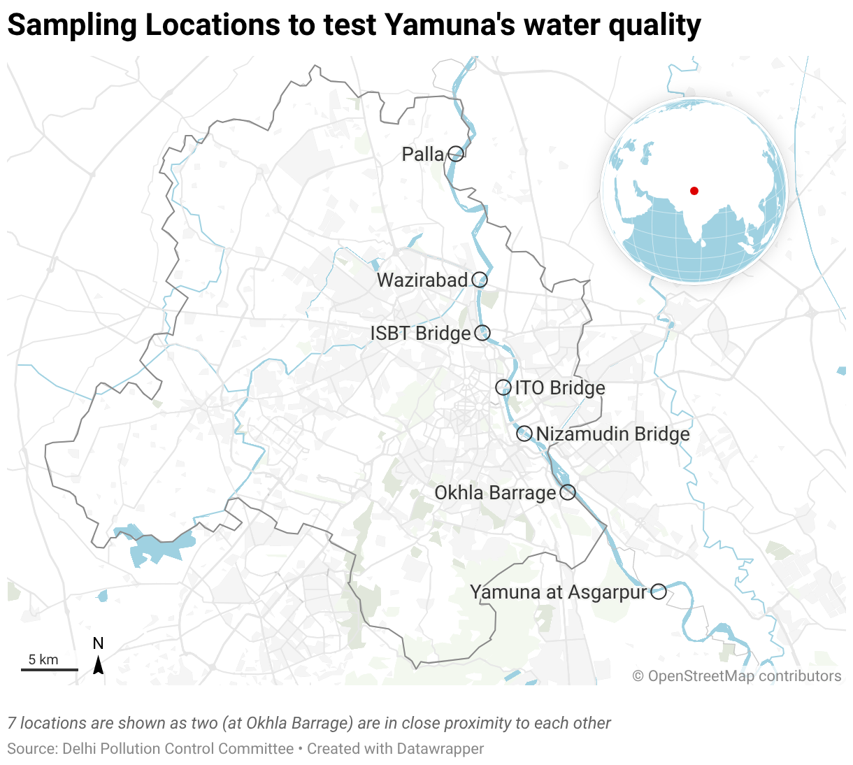 Sampling Locations to test Yamuna's water quality (Locator map)