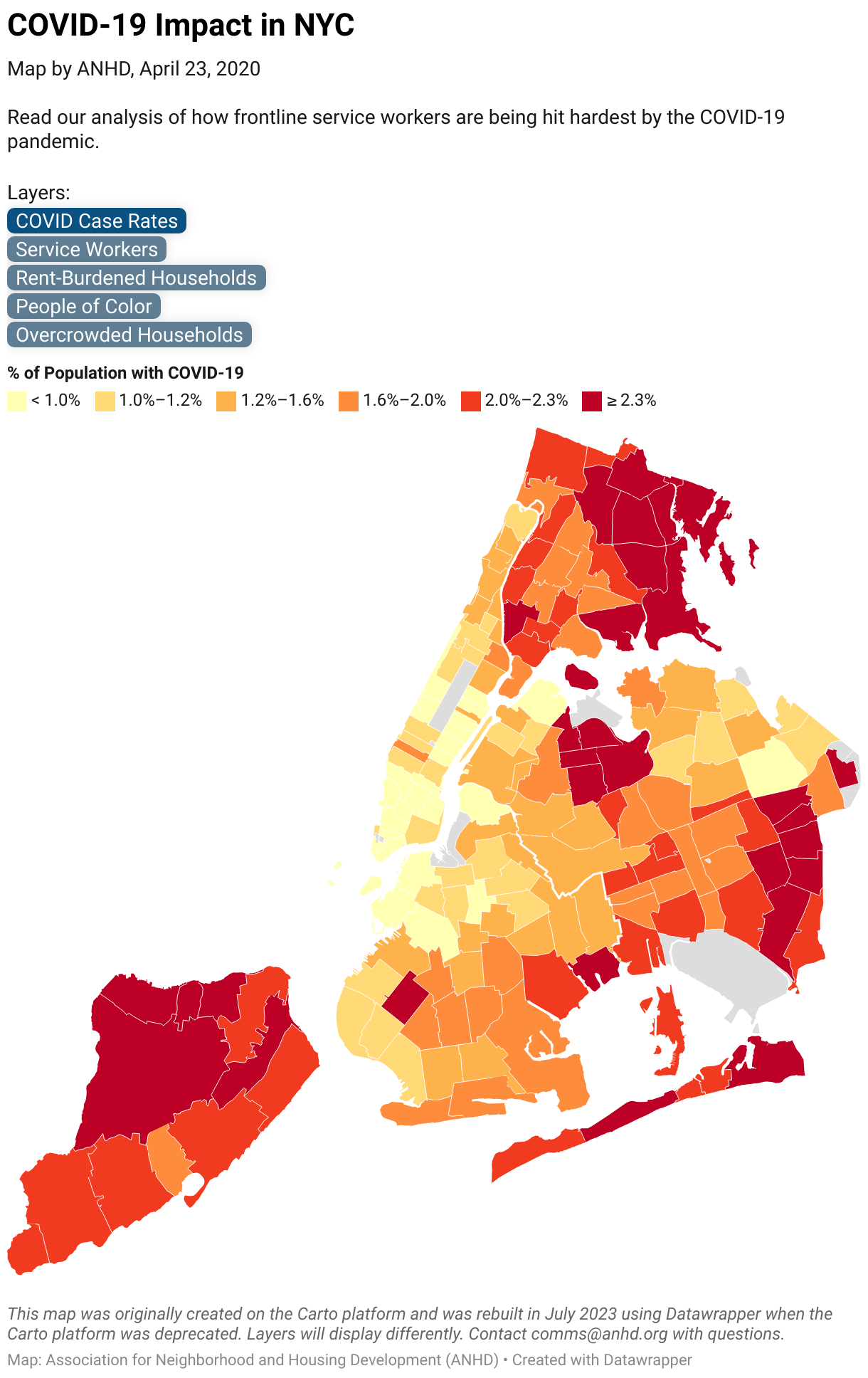 Map of COVID case rates by zip code in New York City as of 4/7/20