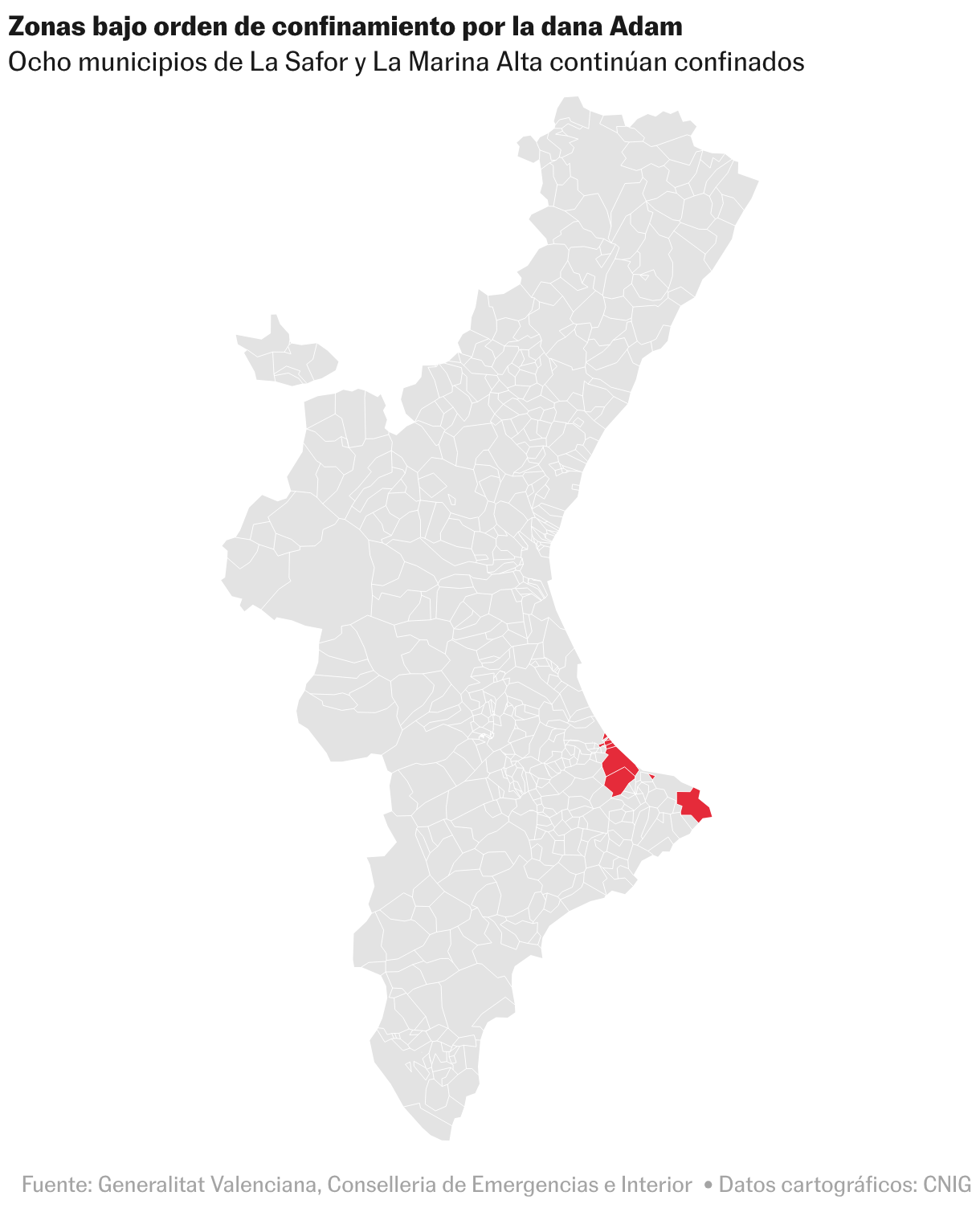Mapa municipal de la Comunitat Valenciana. Los municipios incluidos en la orden de confinamiento por la dana Adam aparecen en rojo y el resto del territorio en gris.