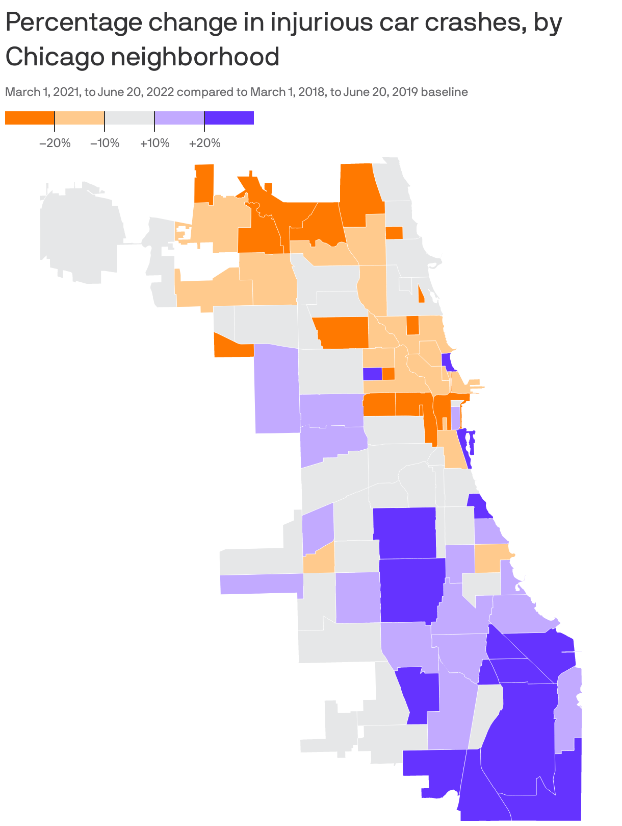 Percentage change in injurious car crashes, by Chicago neighborhood