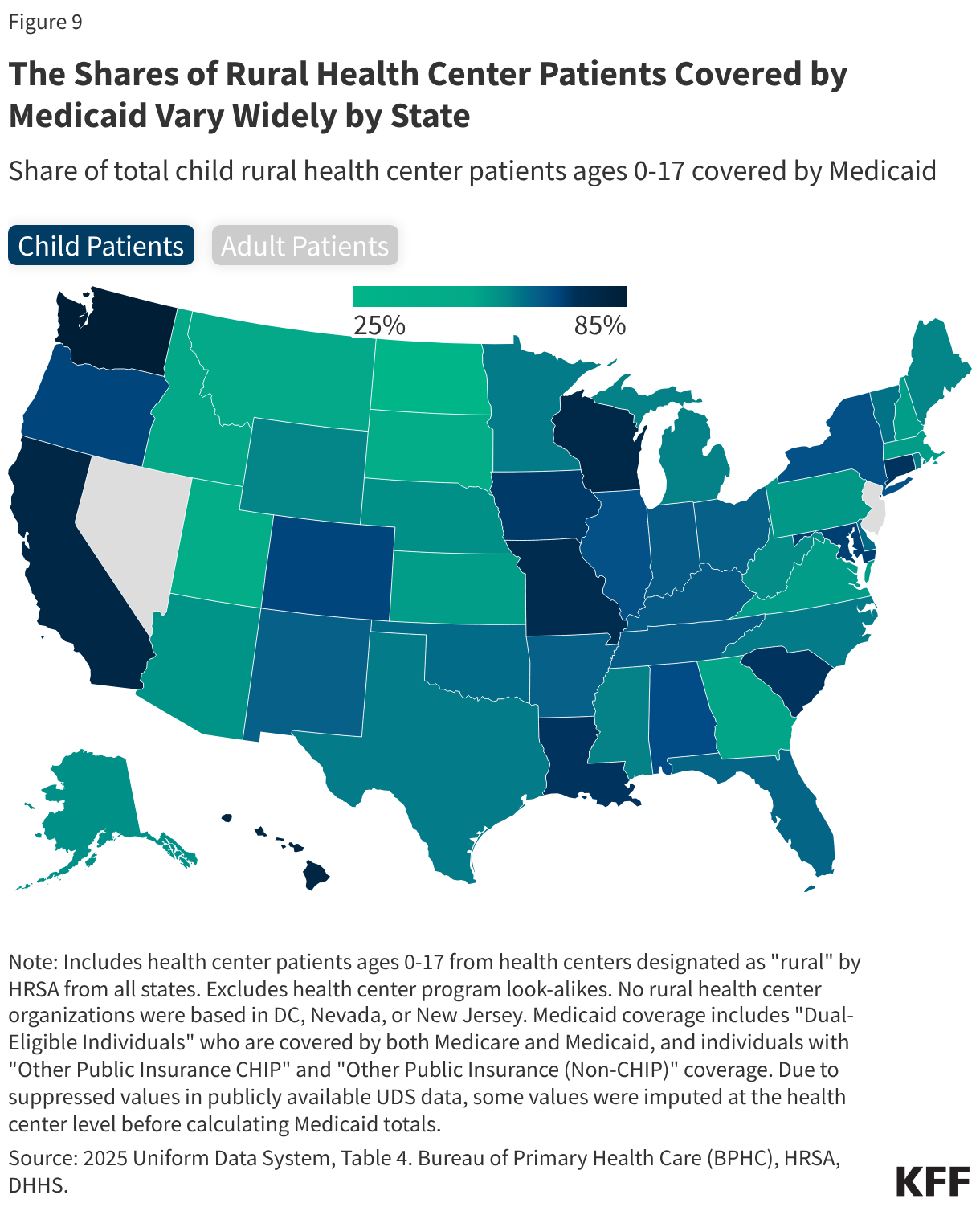 The Shares of Rural Health Center Patients Covered by Medicaid Vary Widely by State (Choropleth map)