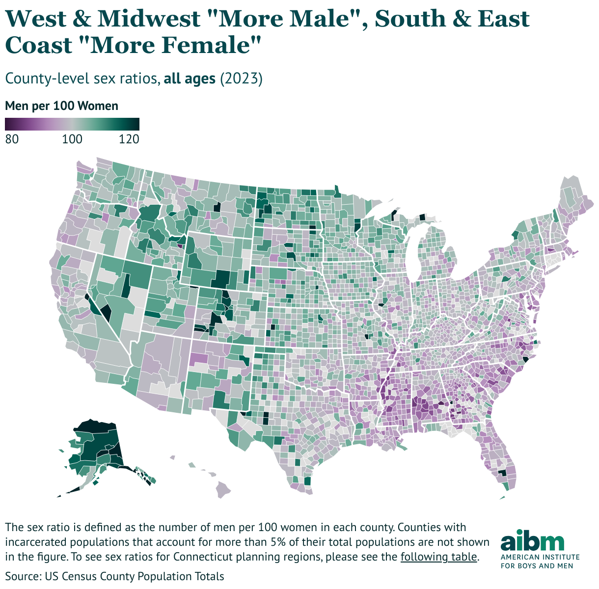 A map depicting that the West and Midwest of the U.S. has a larger male population, while the South has a more female population