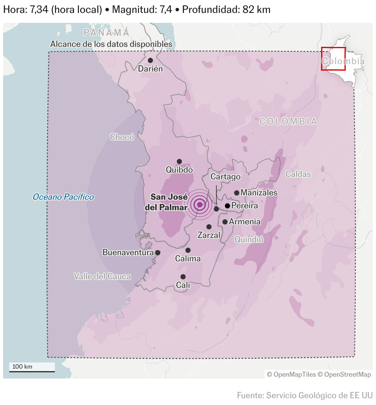 Un fuerte sismo ha sido registrado en el suroeste de Colombia, cerca de San José del Palmar, según informa el Servicio Geológico de EE. UU. El temblor, marcado en el mapa con una estrella amarilla, se localiza a pocos kilómetros de la ciudad de Pereira. Las autoridades locales están evaluando los posibles daños y la magnitud del evento sísmico, que ha generado preocupación entre los ciudadanos de la región. Se insta a la población a mantenerse alerta ante posibles réplicas.