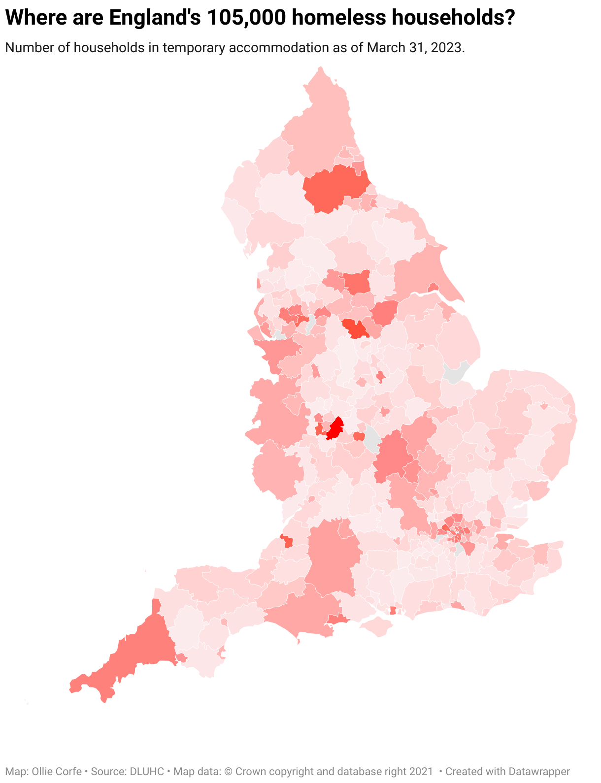 Map of England per homeless households.